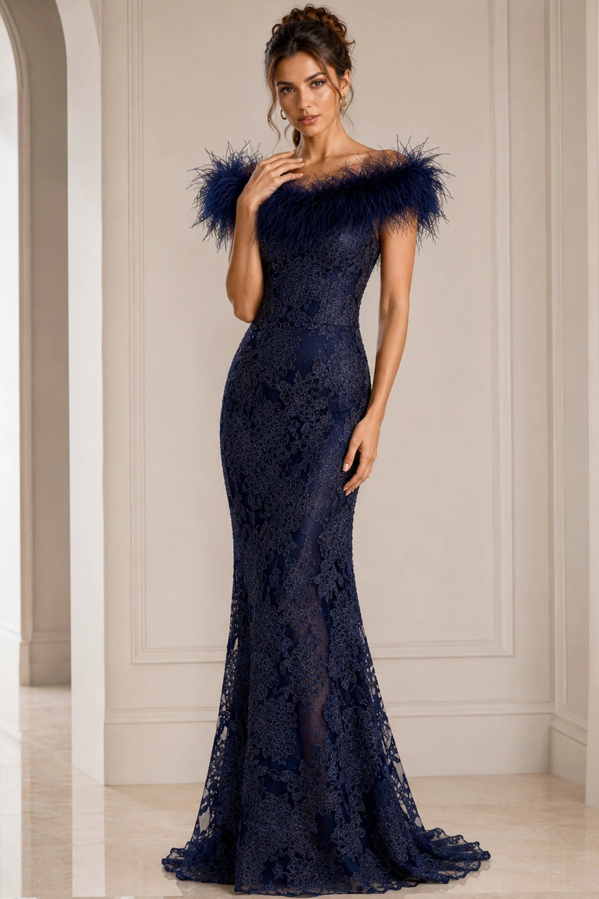 Jovani 23030 - Lace Evening Dress with Feather Fringes - Navy - Main