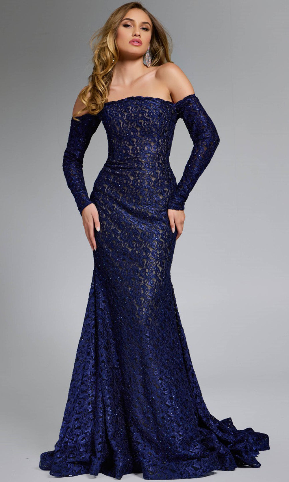 Jovani 23084 - Off Shoulder Long Sleeve Evening Gown - Navy Black - Main