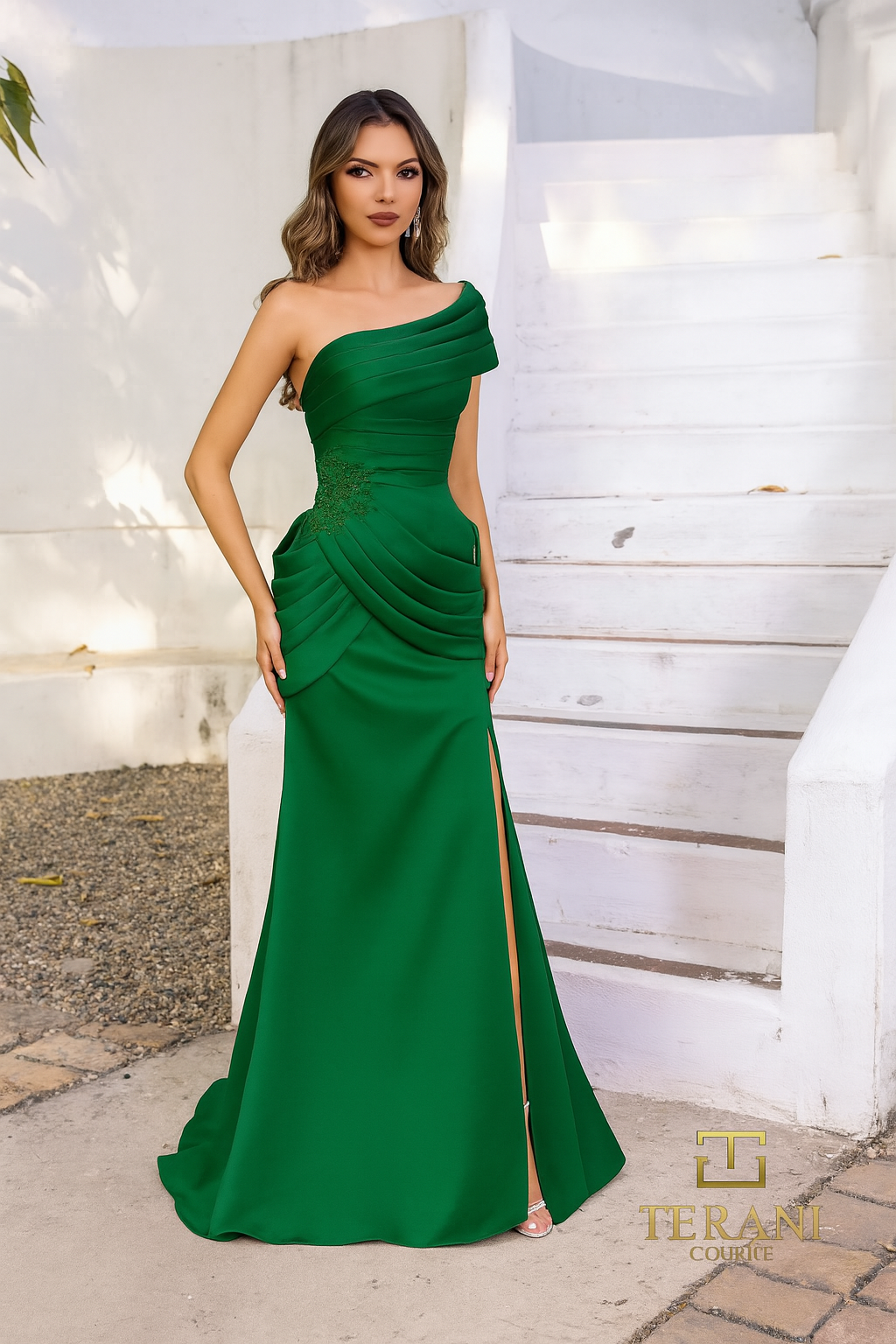 Terani Couture 252E5180 - Asymmetric Draped Sheath Gown
