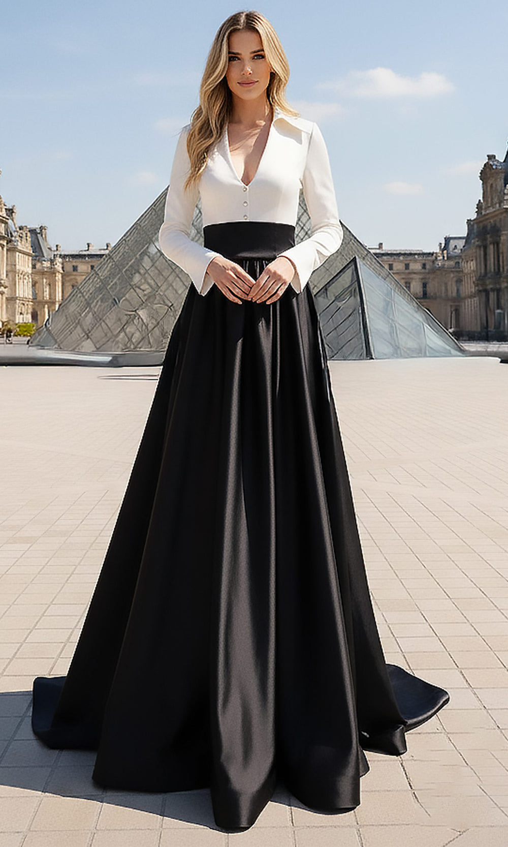 Terani Couture 261E6204 - Long Sleeve Matte Taffeta Evening Dress In Ivory Black