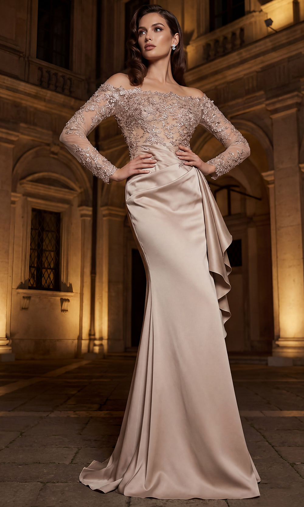 Terani Couture 262E7074 - Long Sleeve Beaded Lace Evening Gown In Brown