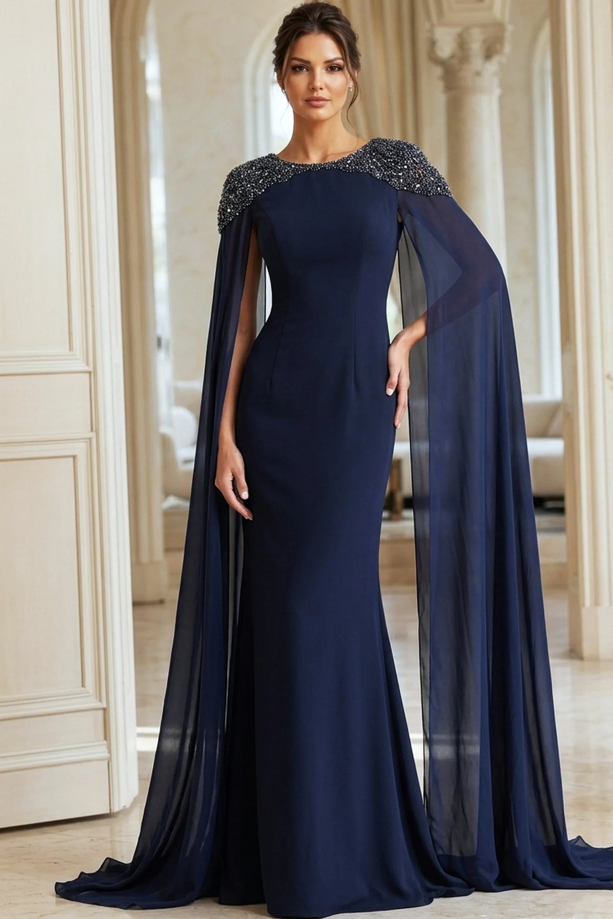 Jovani 40000 - Beaded Shoulder Cape Sleeve Evening Gown