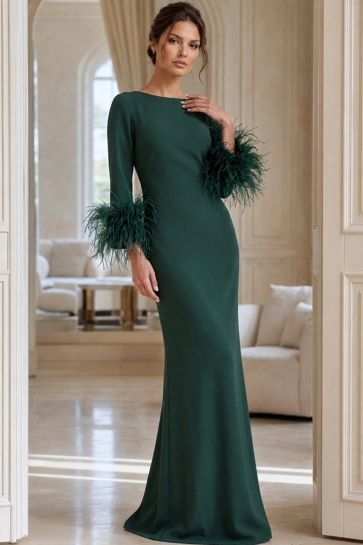Jovani 40200 - Long Sleeve Feather Cuff Evening Gown