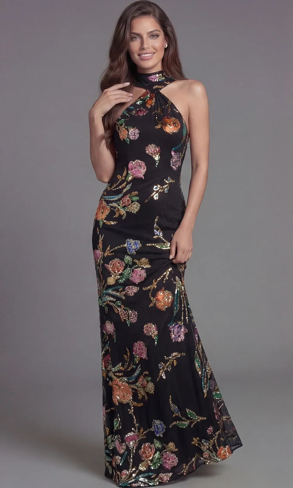 Jovani 47624 - Halter Column Gown with Floral Sequin Detail