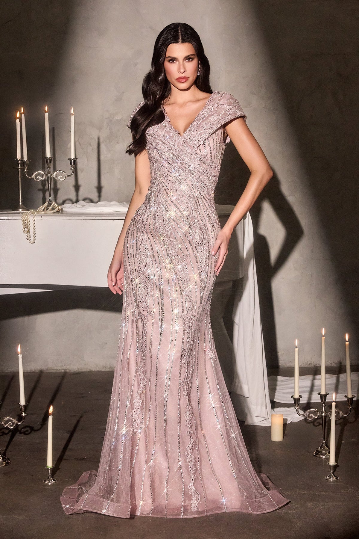 Ladivine CD698 - Beaded Tulle Mermaid Gown - Mauve - Main