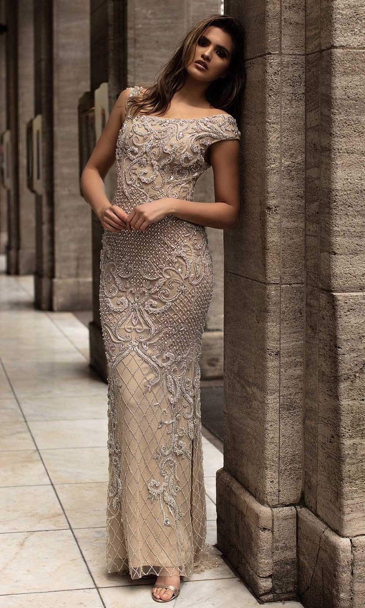 Chic and Holland - HF1520 Bateau Neck Jewel Adorned Sheath Gown - Nude - Main