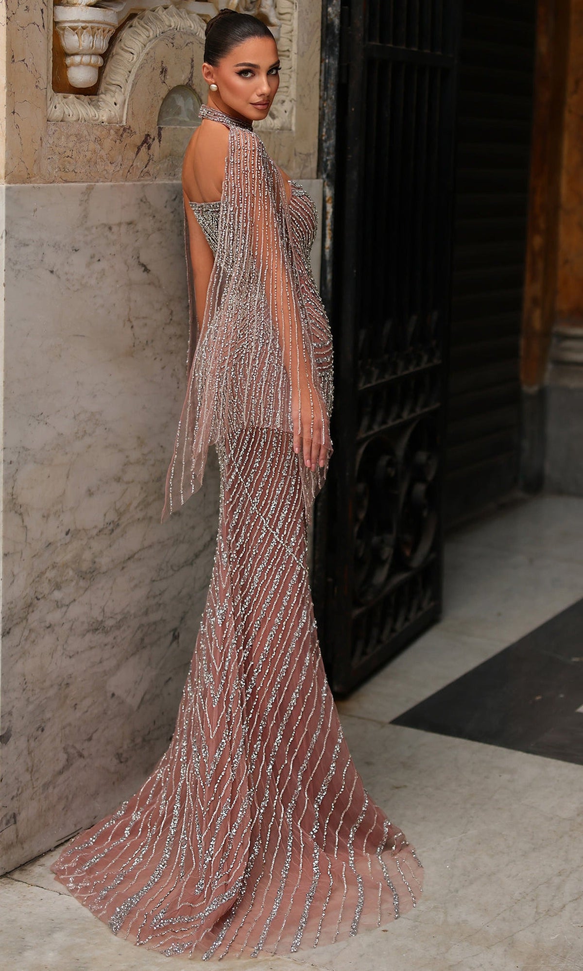 Chic & Holland HF110559 - Deep Sweetheart Evening Dress with Cape