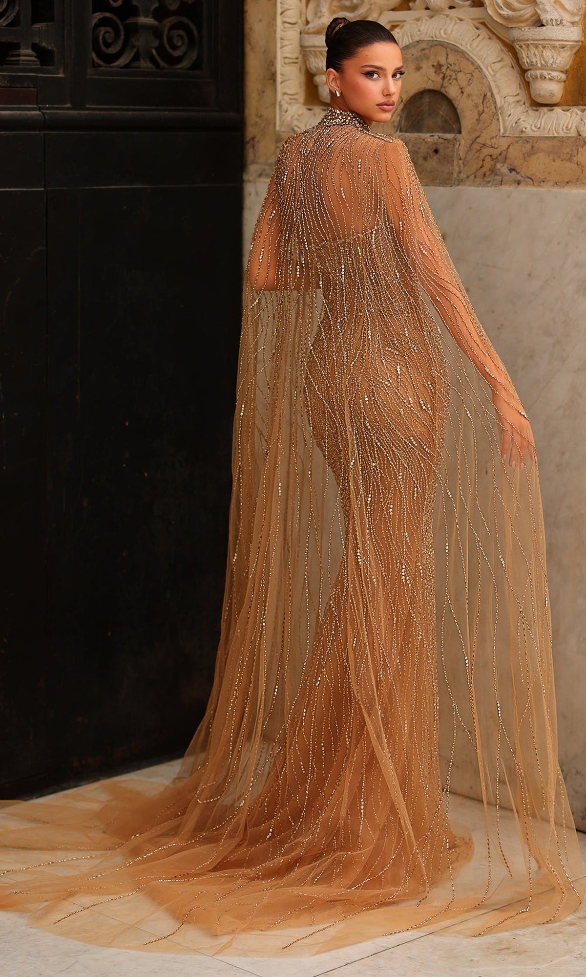 Chic & Holland HF110562 - Sheer Cape Plunging Neckline Dress