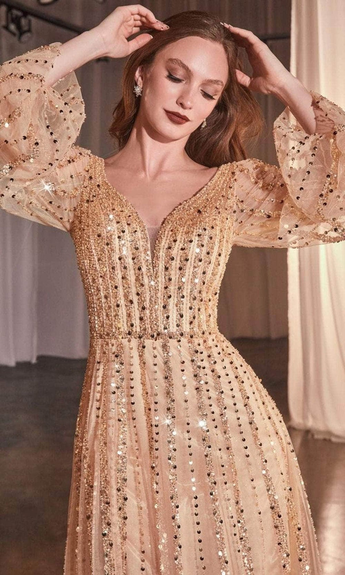 Dazzling Sheer Bishop Sleeve Evening Gown