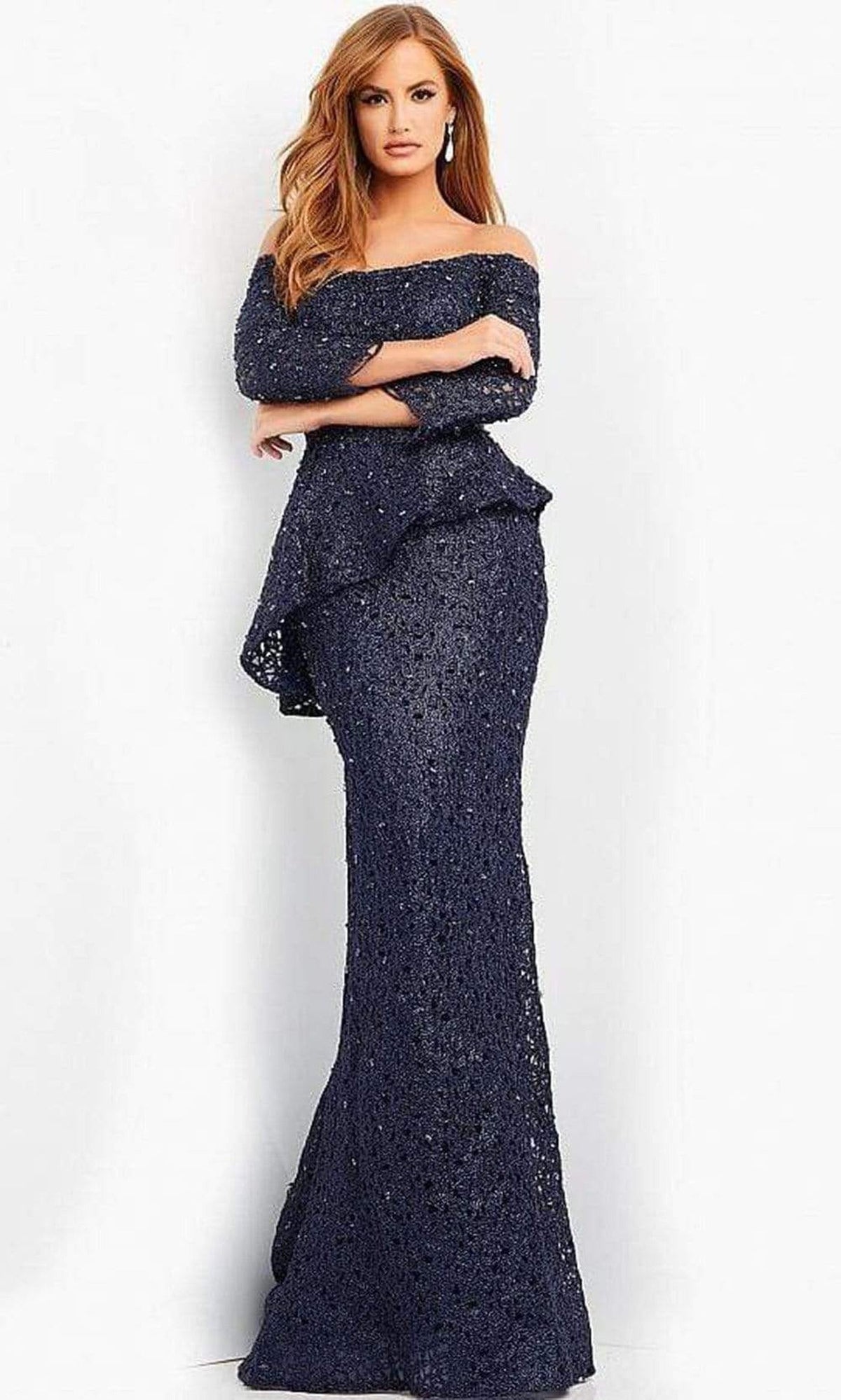 Jovani - 00455 Off Shoulder Textured Peplum Gown - Navy - Main