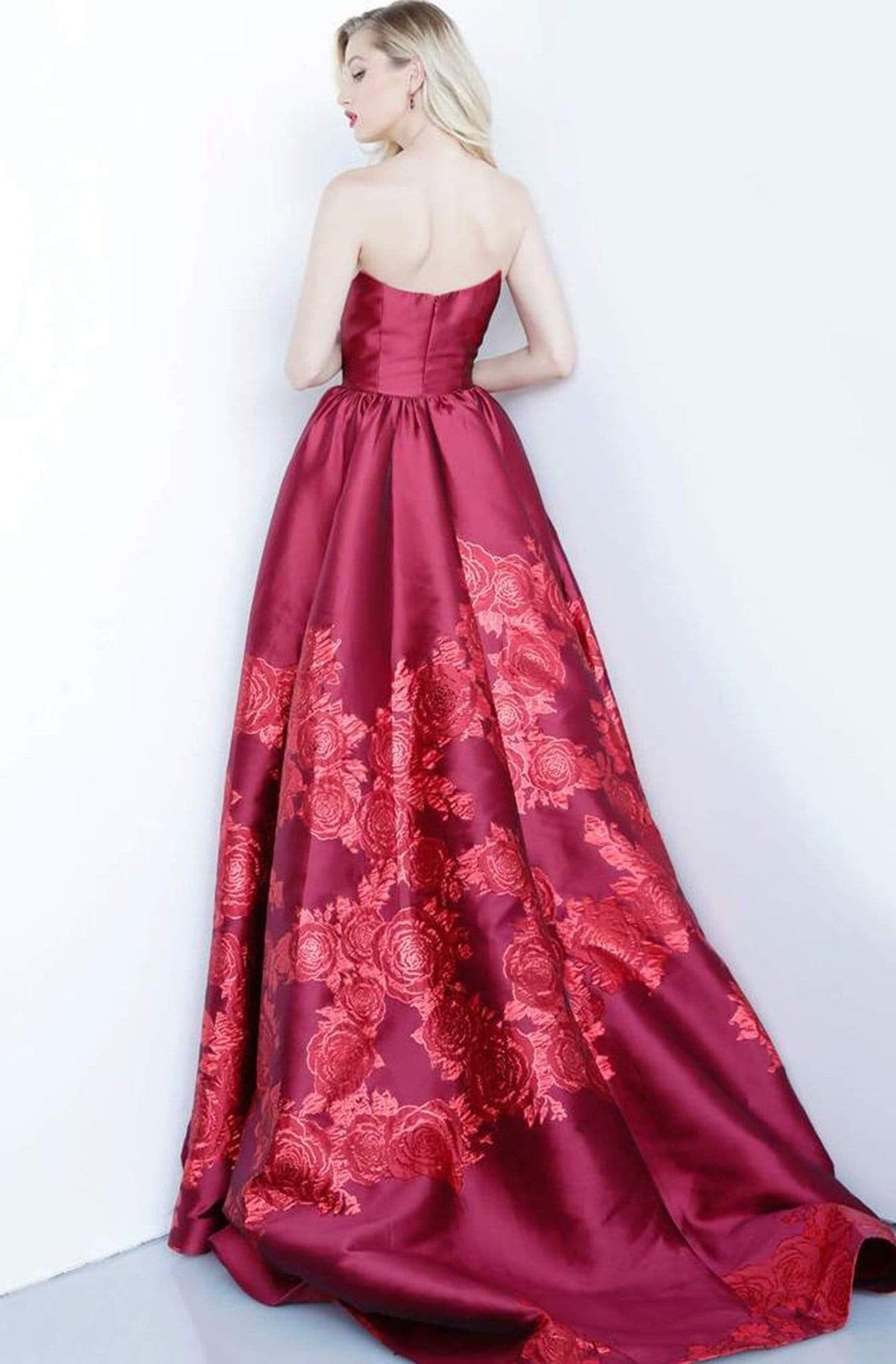 Jovani - 02038 Strapless Scoop Neck Floral Embroidered Gown