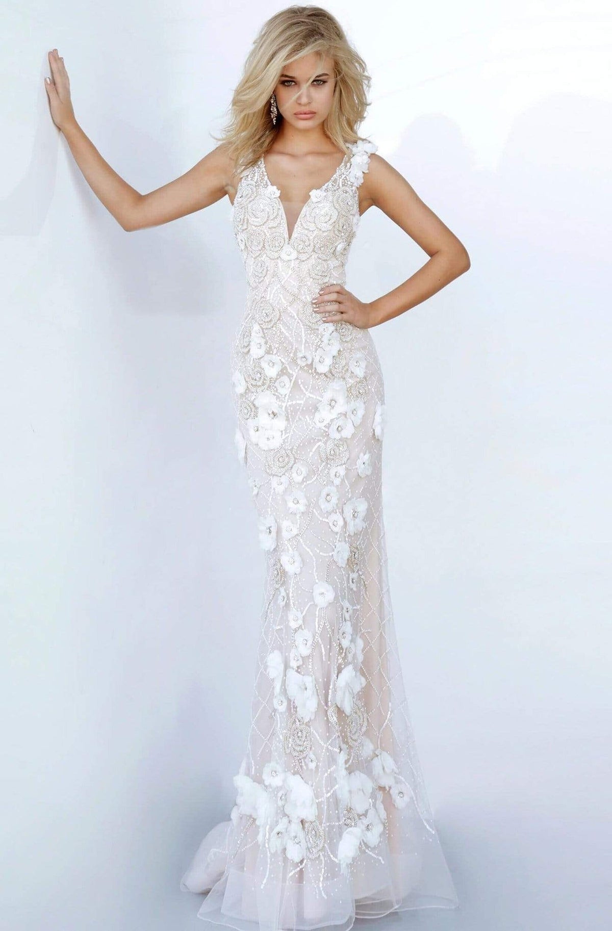Jovani - 02773 Floral Appliqued Plunging V-Neck Dress - Ivory - Main