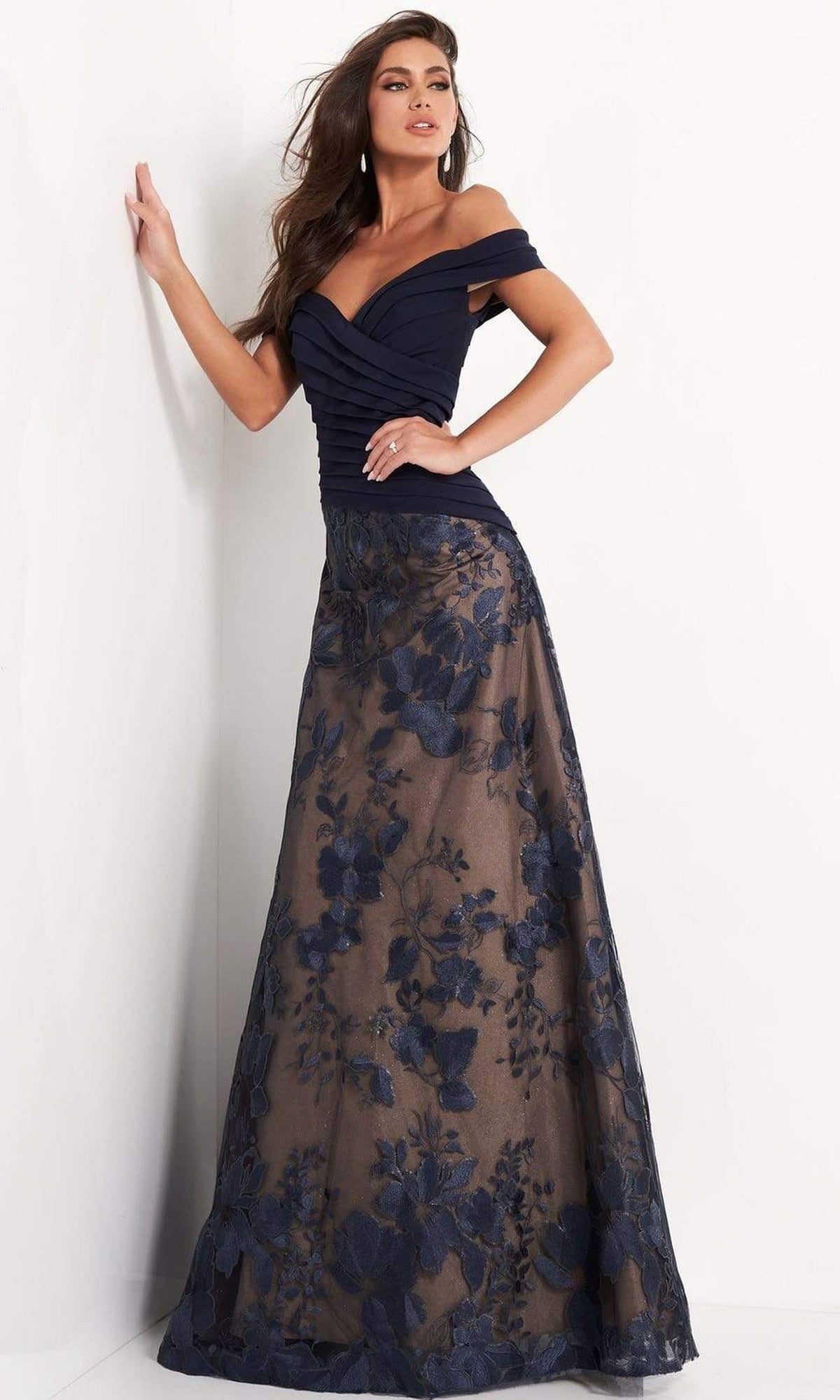 Jovani - 02852 Off Shoulder Pleated Bodice Embroidered Gown