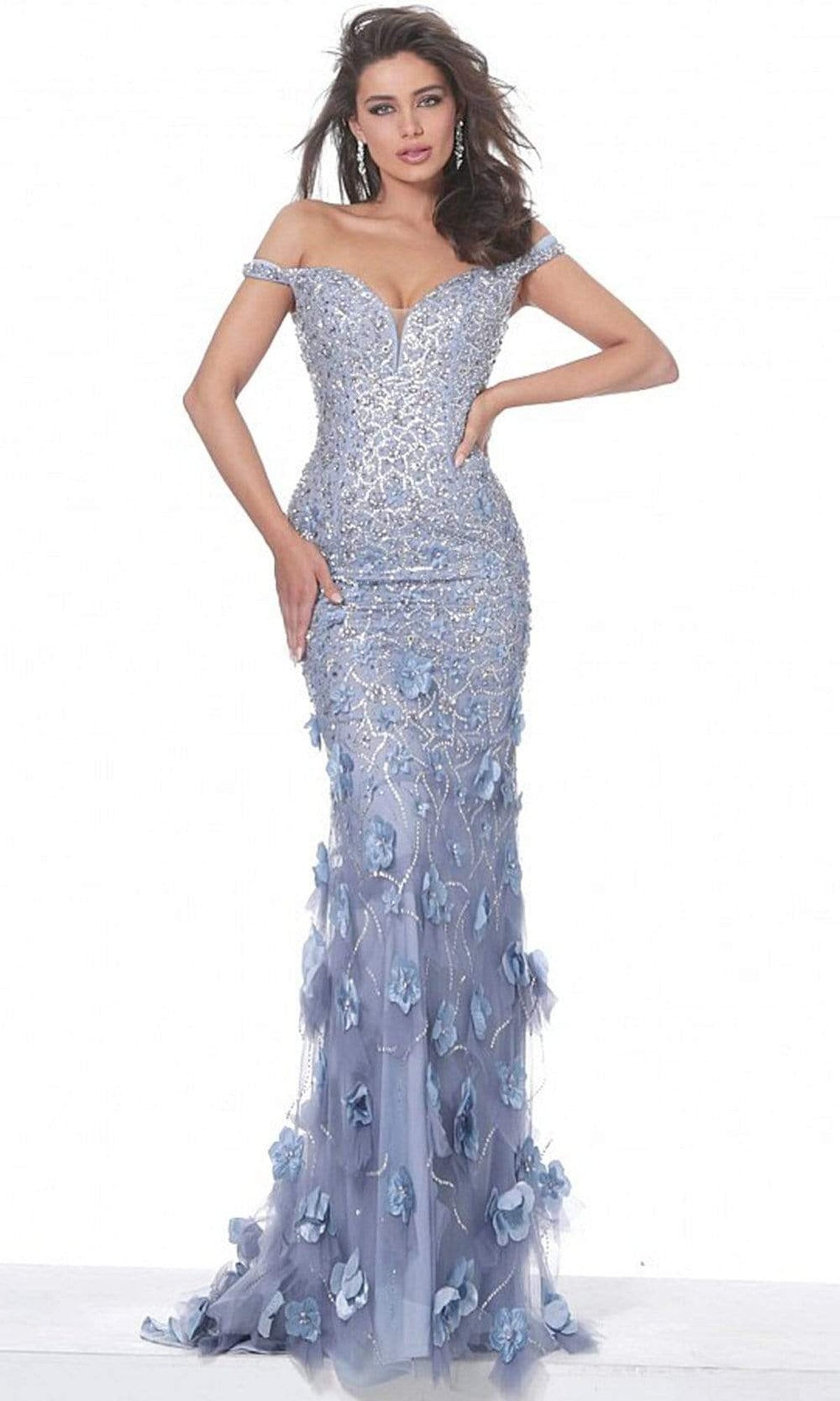 Jovani - 03191 Floral Appliques Off Shoulder Fitted Evening Dress - Navy - Main