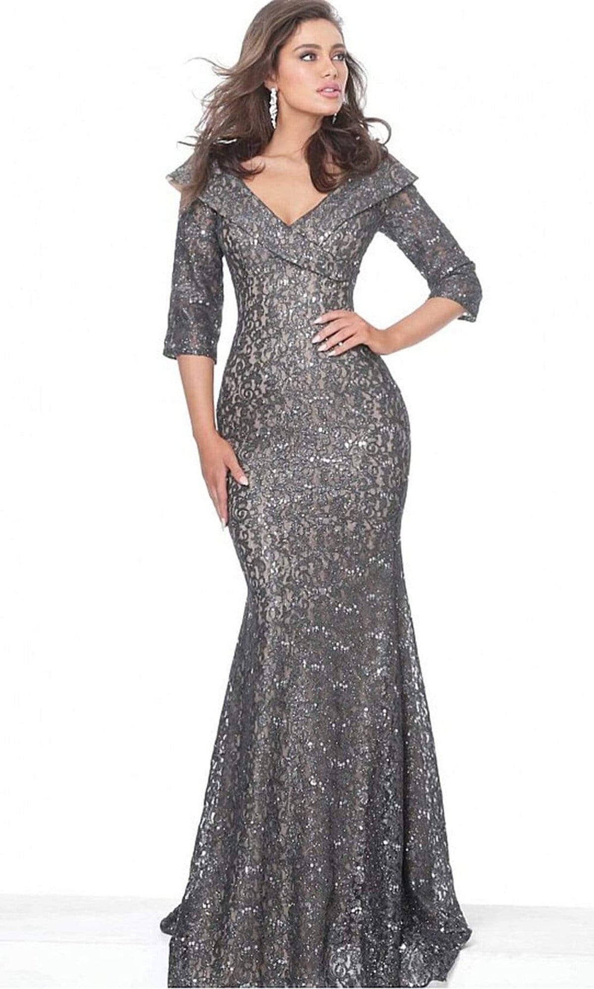 Jovani - 03426 Lace Wide V-Neck Trumpet Dress - Grey - Main