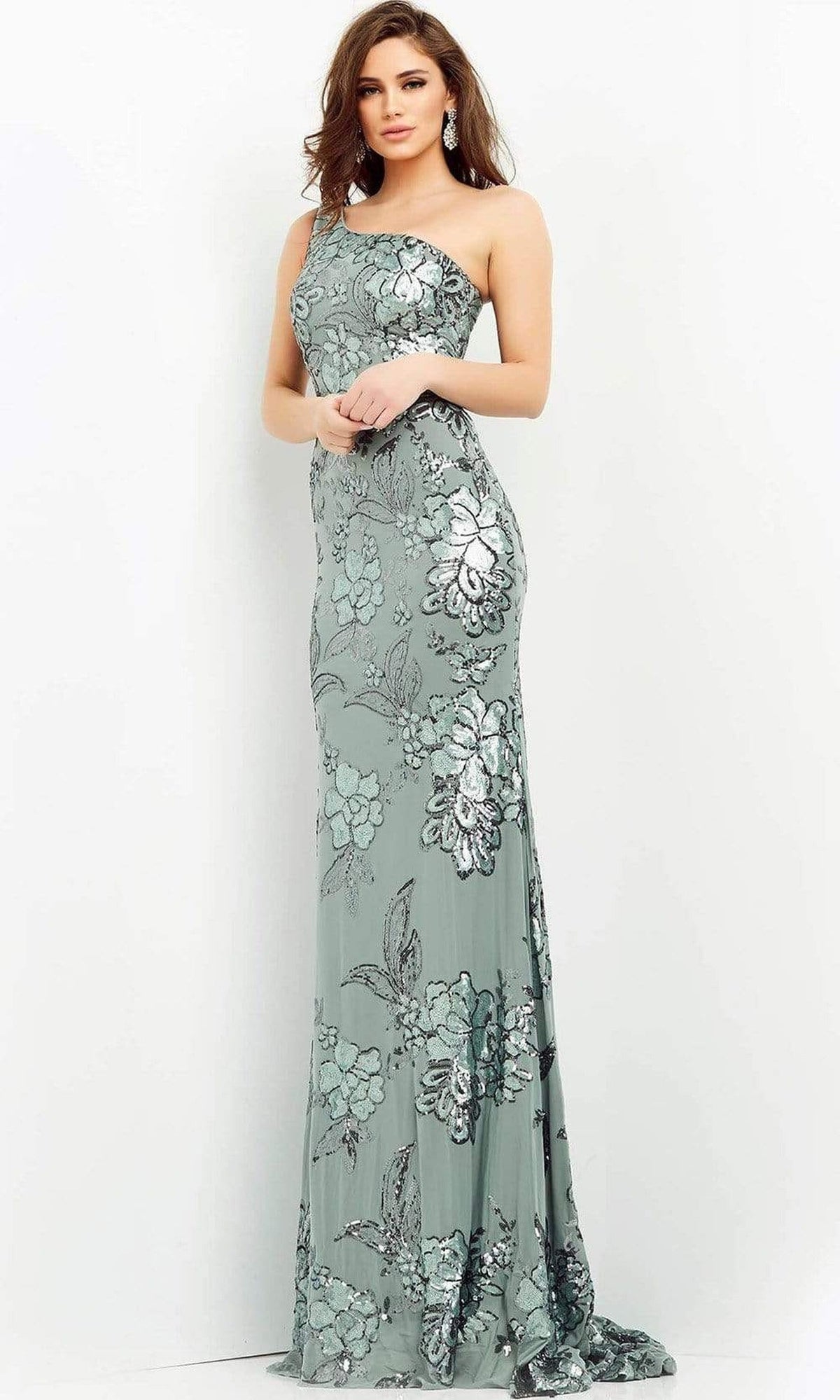 Jovani - 04331 Floral Sequin Embellished One Shoulder Fitted Gown