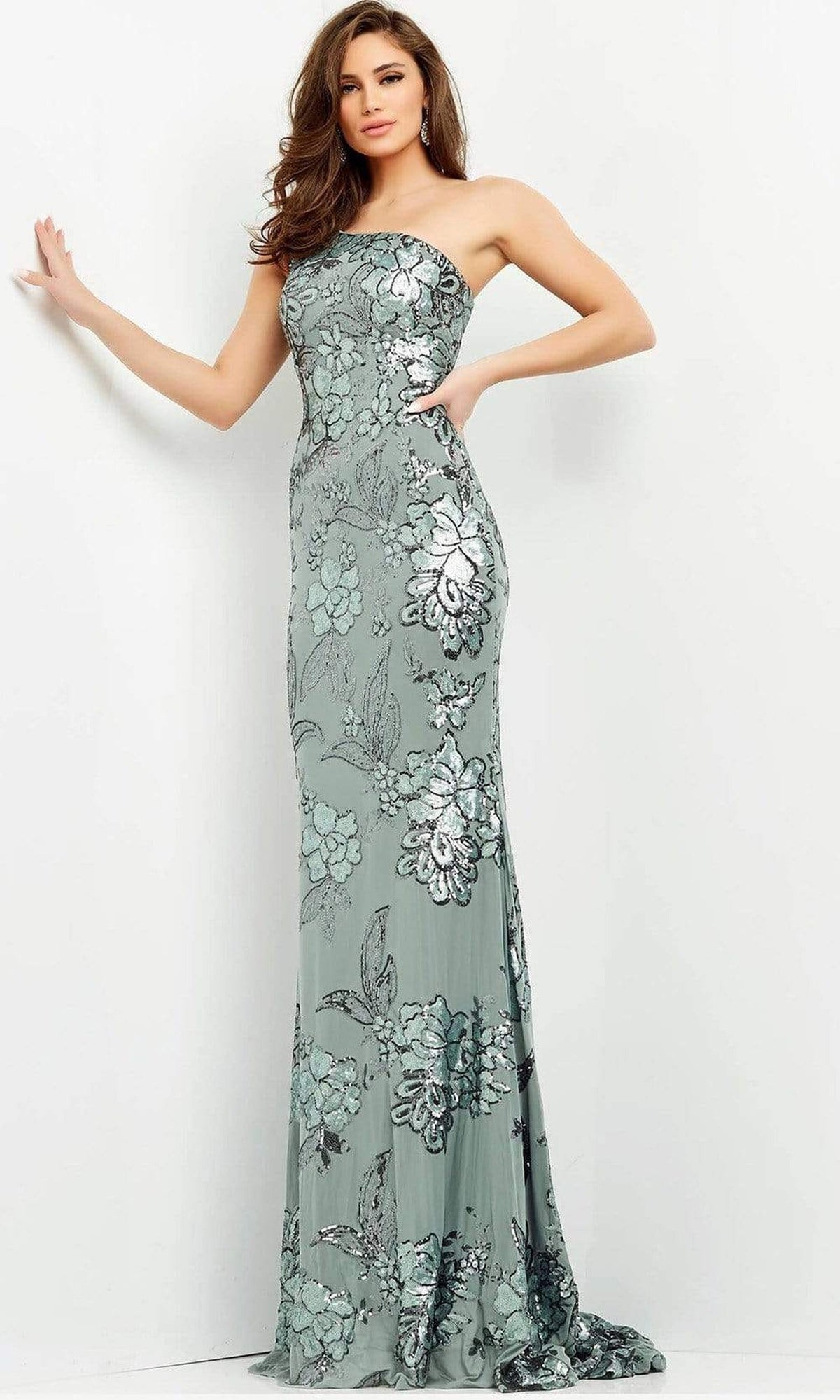 Jovani - 04331 Floral Sequin Embellished One Shoulder Fitted Gown - Sage - Main