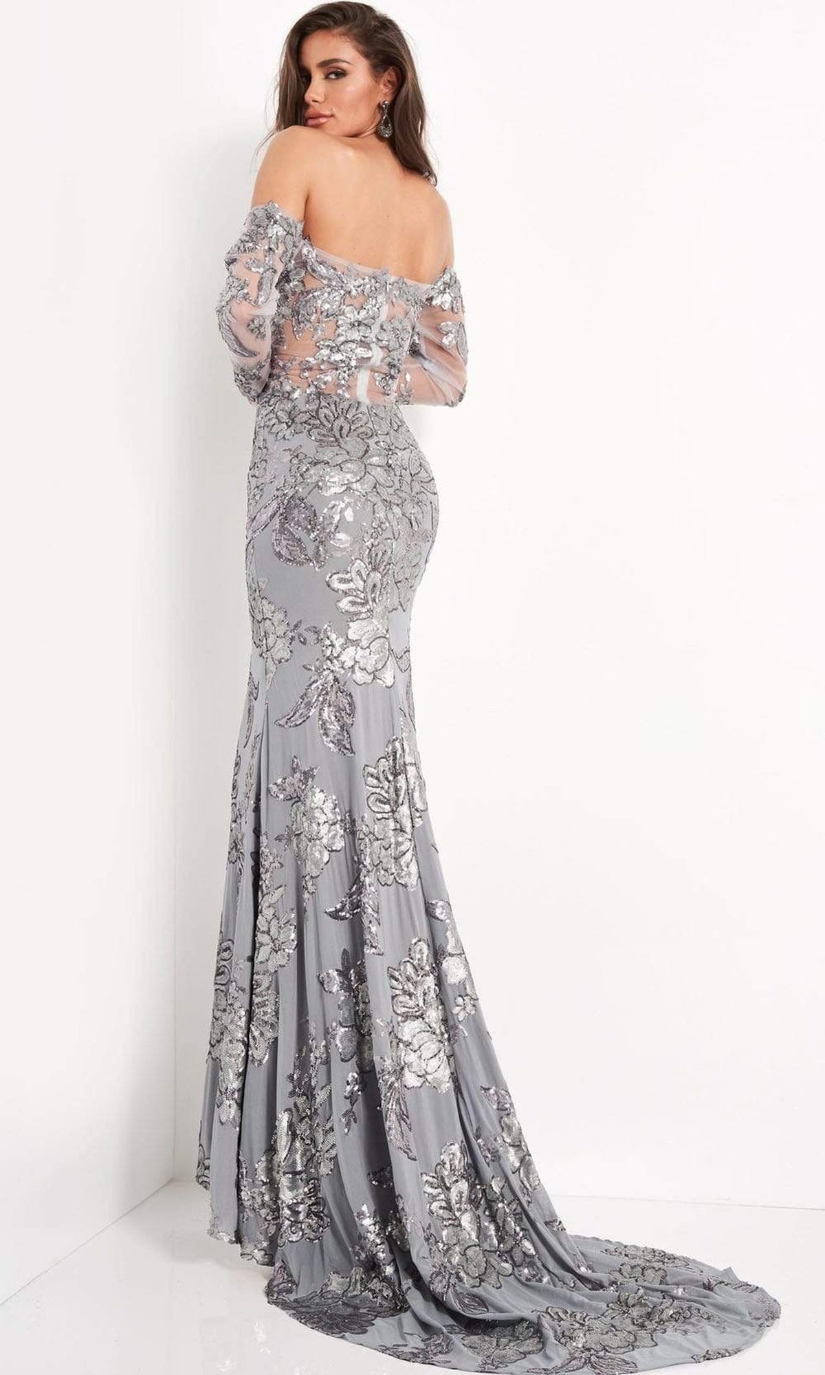 Jovani - 04333 Embellished Off Shoulder Sheath Dress With Train