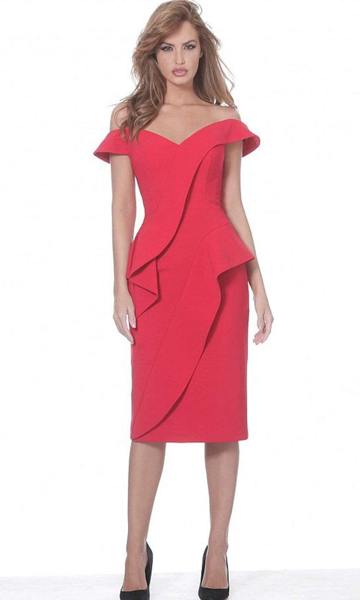 Jovani - 04426 Off Shoulder Asymmetric Ruffle Accent Cocktail Dress - Red - Main