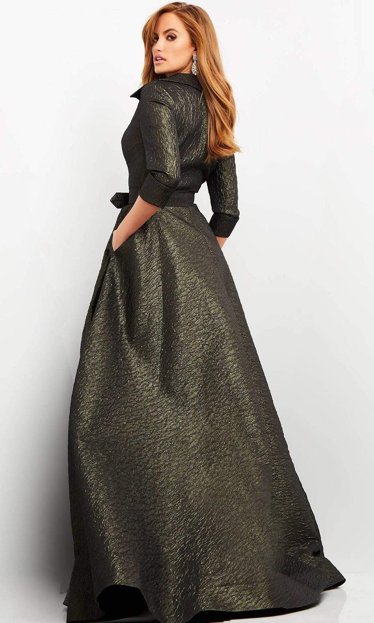 Jovani - 05075 Quarter Sleeve V-Neck Metallic Dress