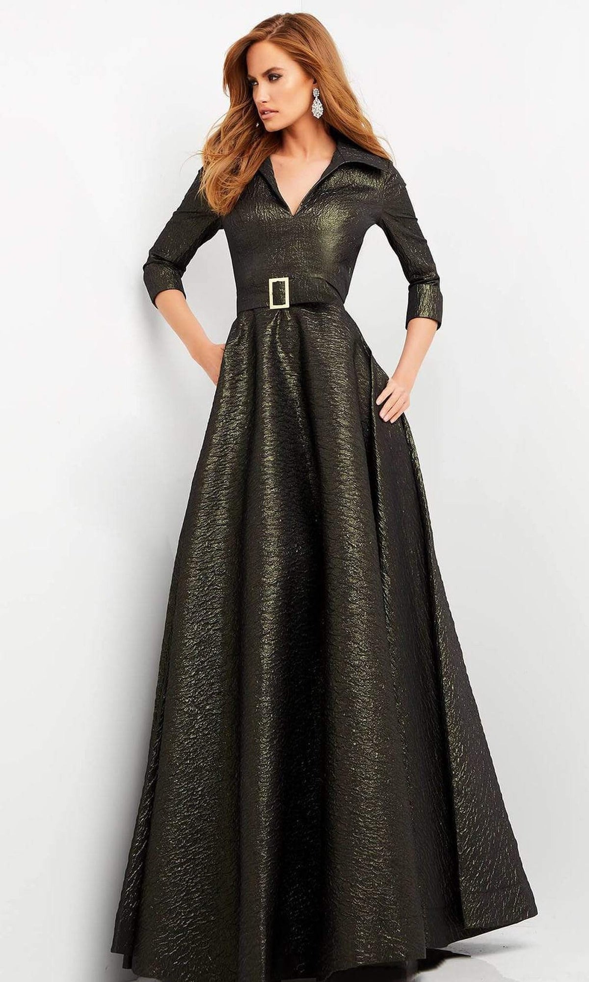Jovani - 05075 Quarter Sleeve V-Neck Metallic Dress - Olive - Main