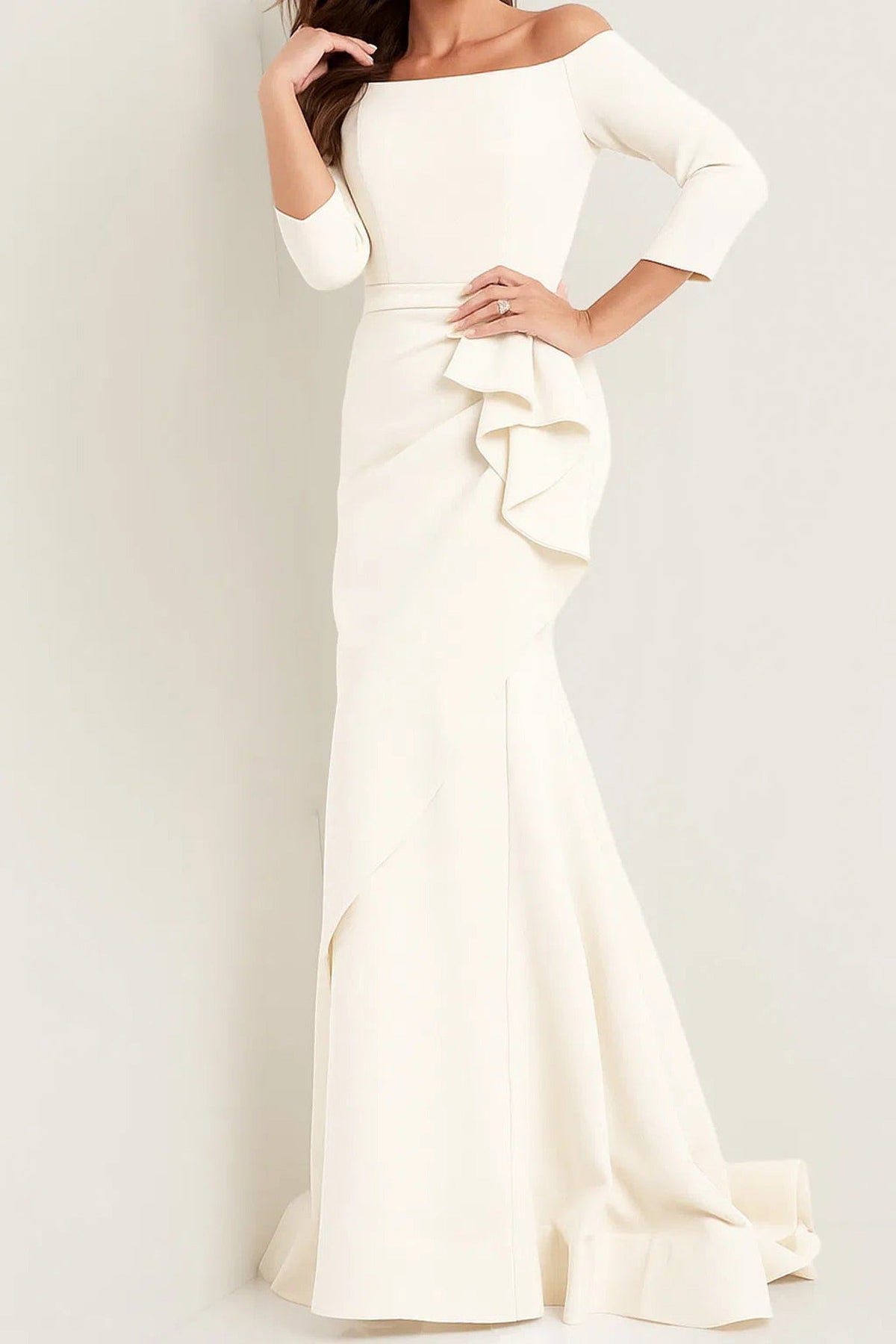 Jovani - 00446 Off Shoulder Drape Crepe Mermaid Dress