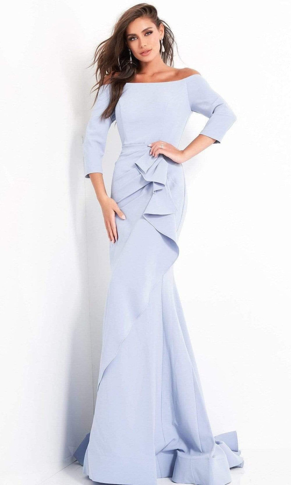 Jovani - 00446 Off Shoulder Drape Crepe Mermaid Dress - Light-Blue - Main