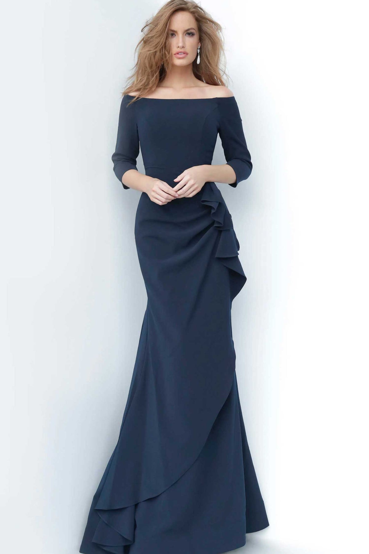 Jovani - 00446 Off Shoulder Drape Crepe Mermaid Dress