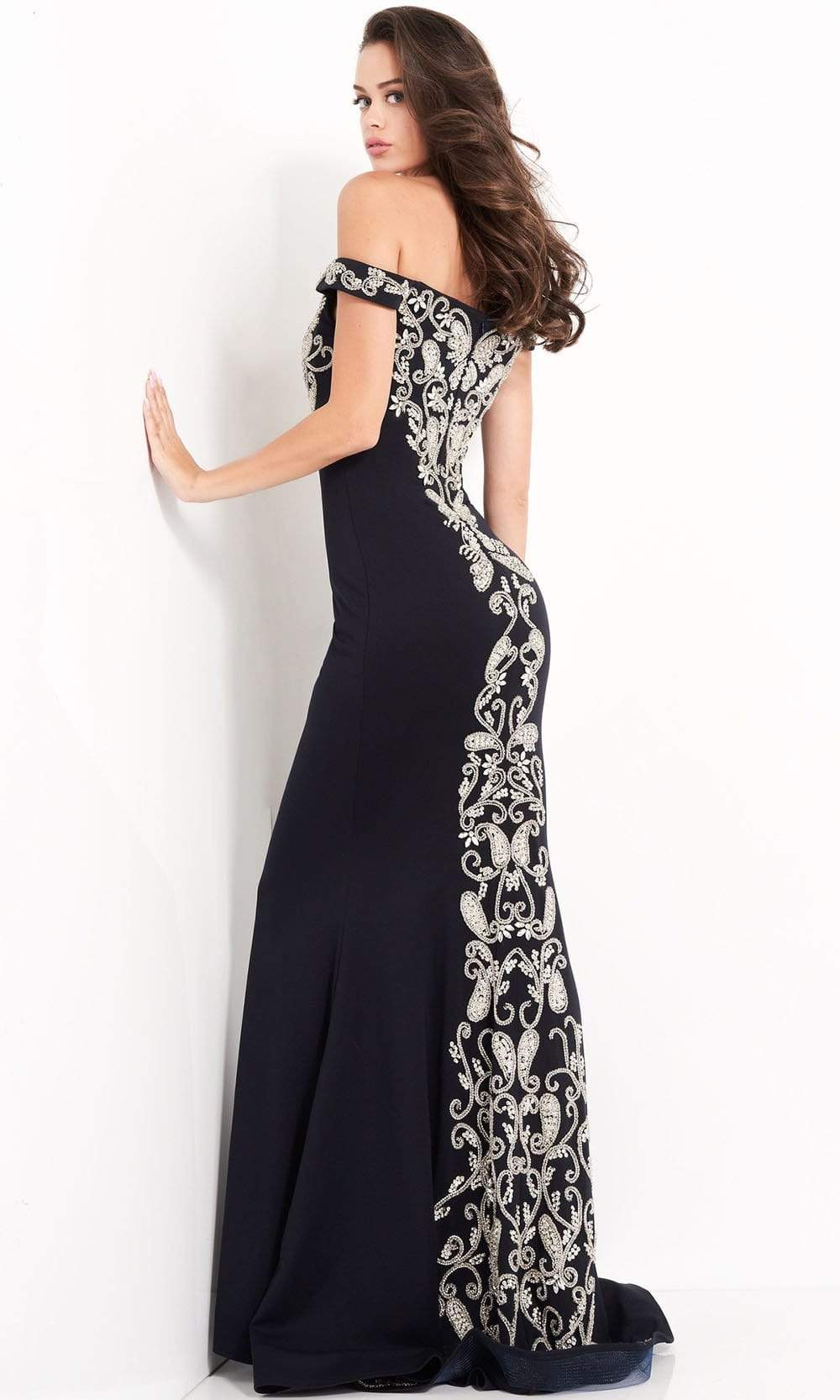 Jovani - 02576 Off Shoulder Paisley Motif Long Gown