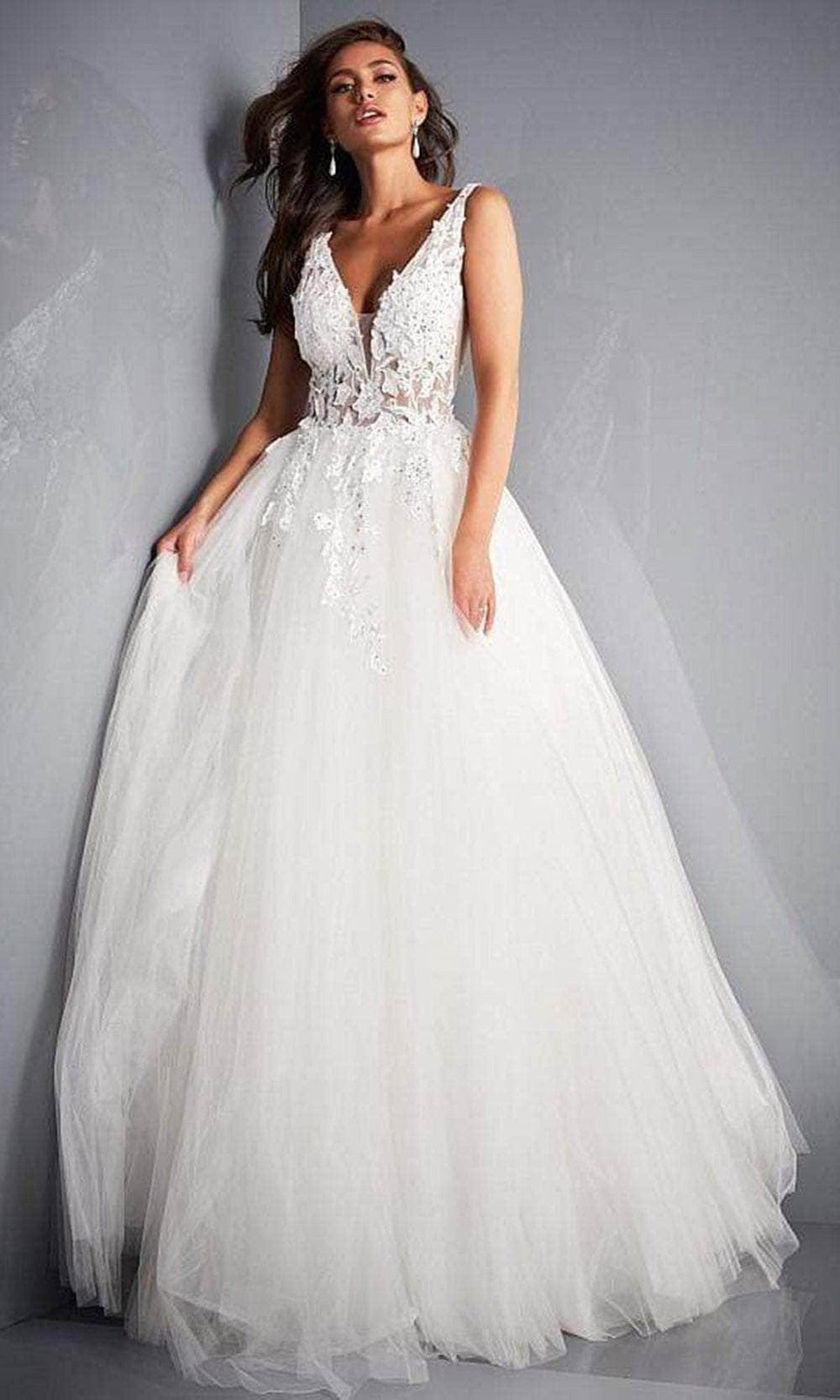 Jovani - 02840 Plunging Neck Floral Applique Tulle Ballgown