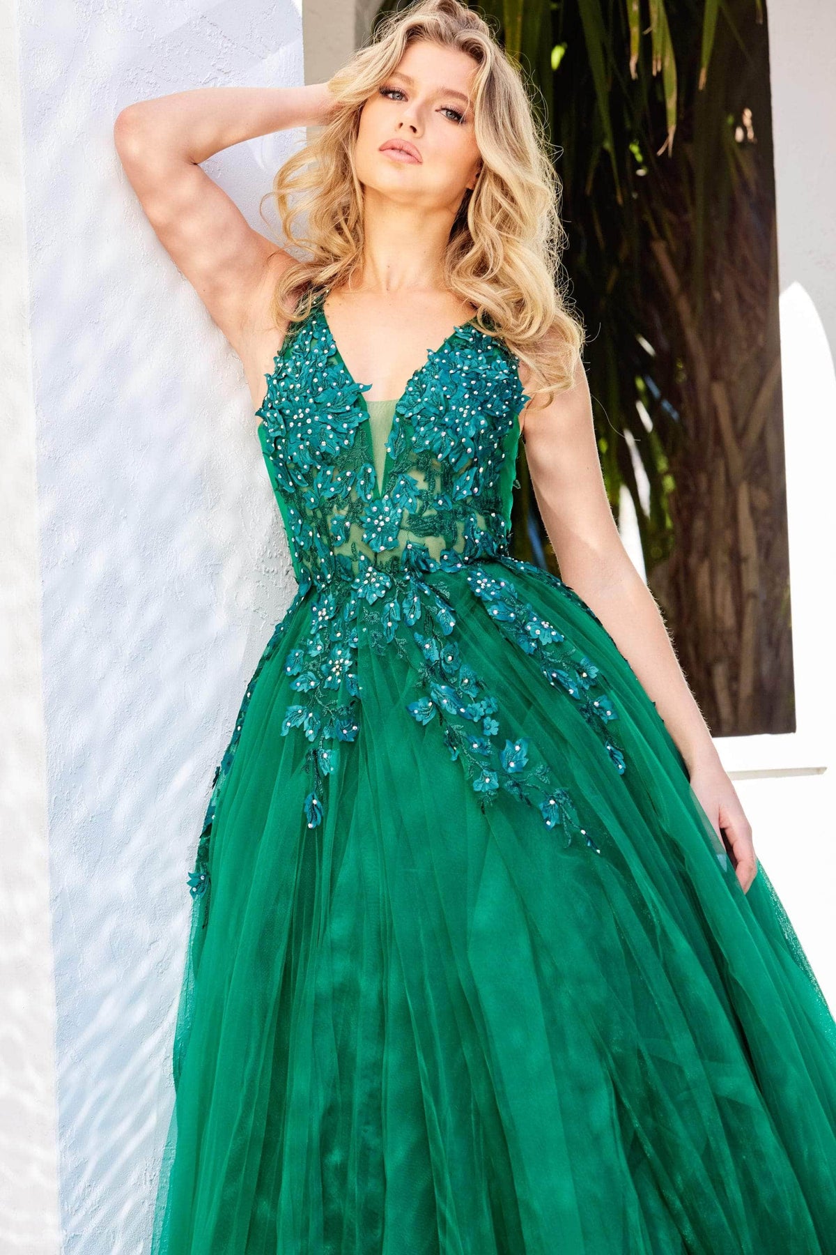 Jovani - 02840 Plunging Neck Floral Applique Tulle Ballgown