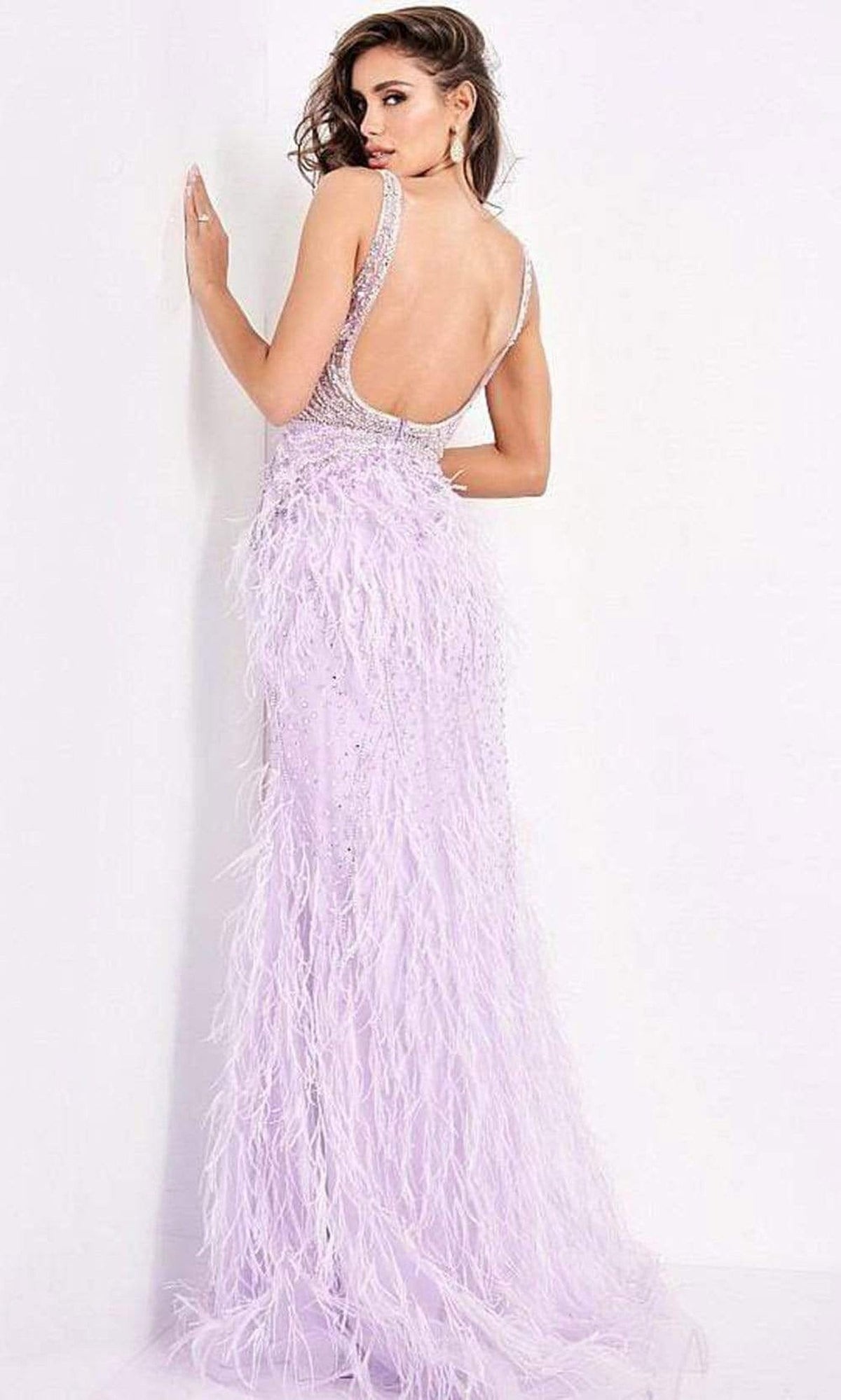 Jovani - 03023 Sheer Bodice Beaded Adorned Feather Fitted Evening Gown