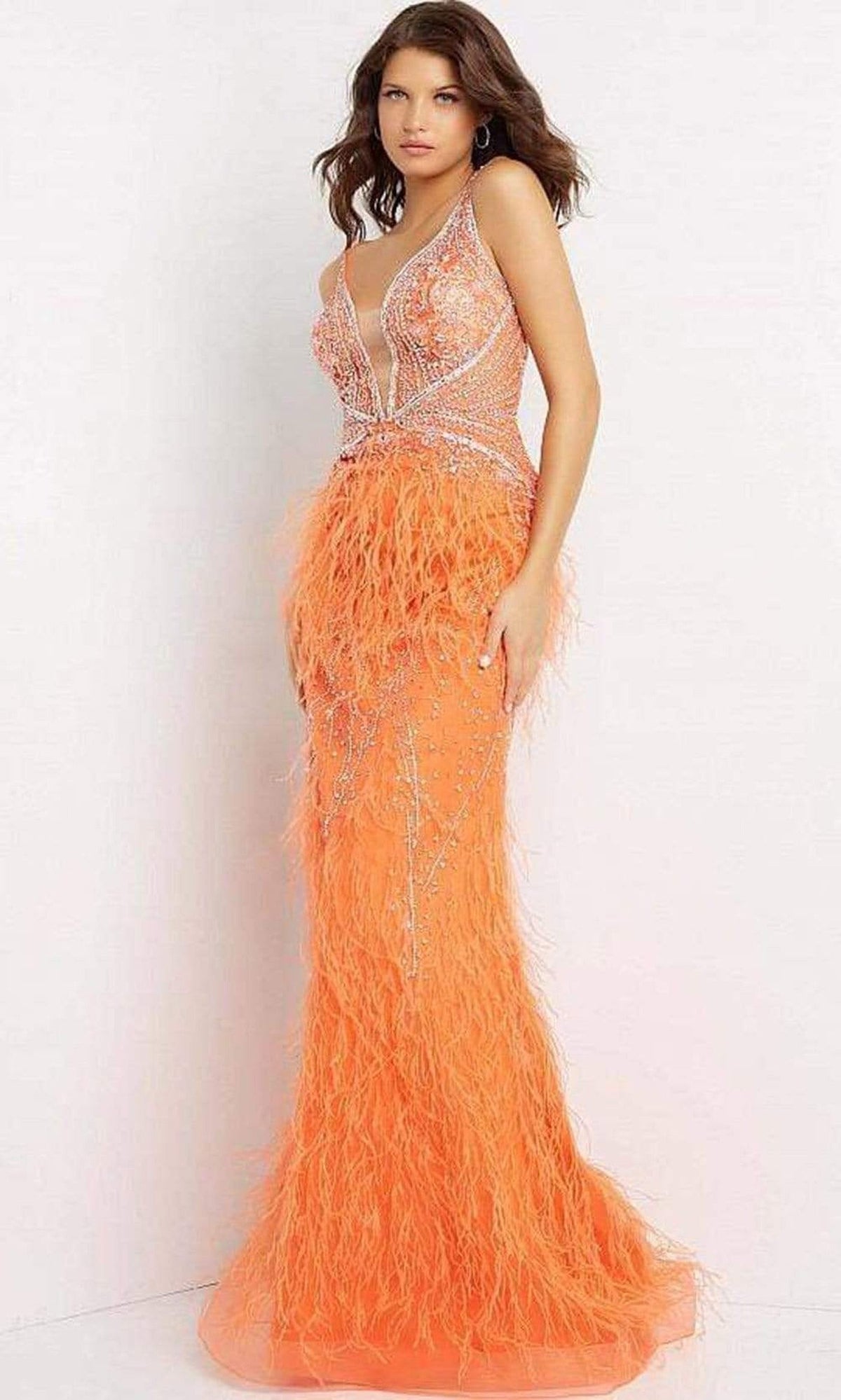 Jovani - 03023 Sheer Bodice Beaded Adorned Feather Fitted Evening Gown