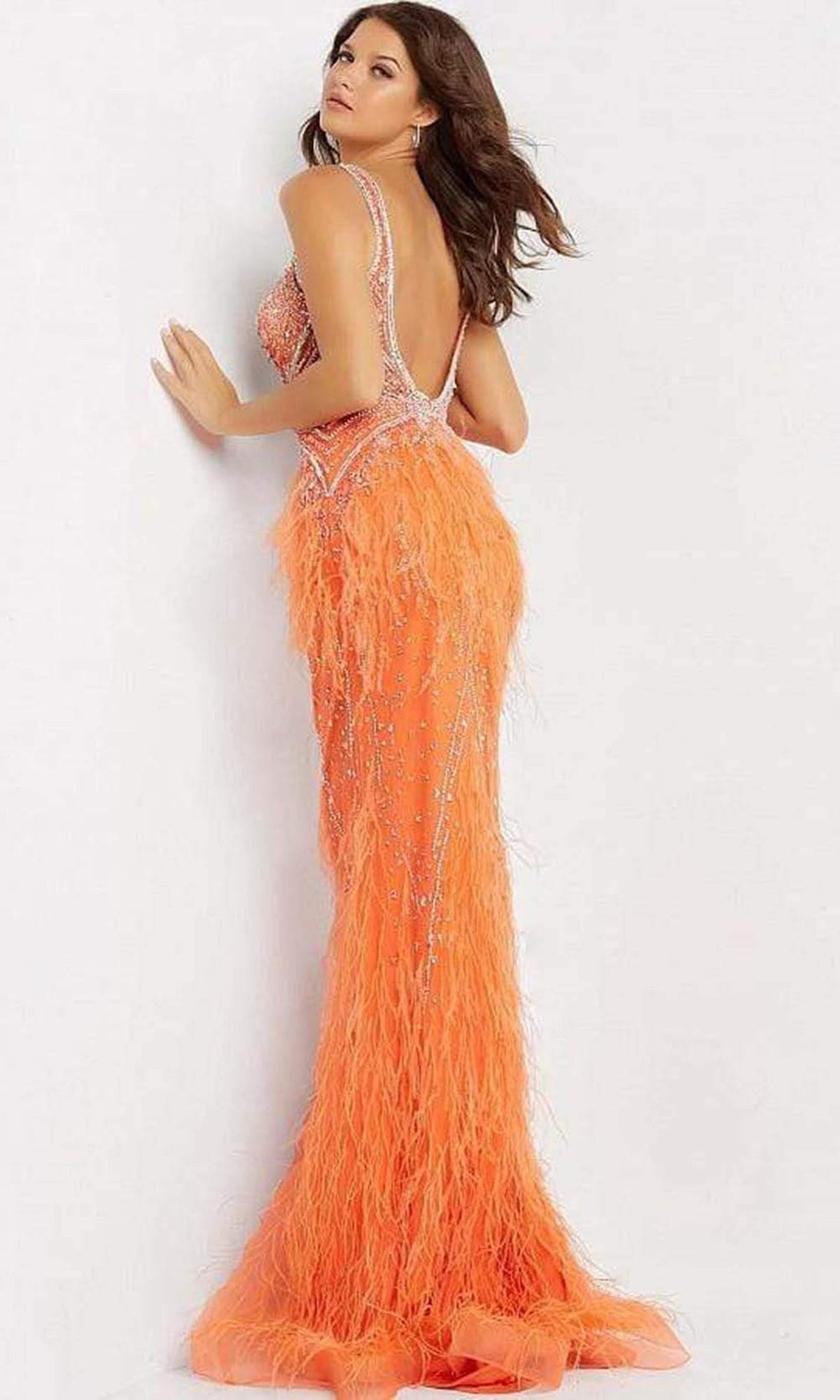 Jovani - 03023 Sheer Bodice Beaded Adorned Feather Fitted Evening Gown