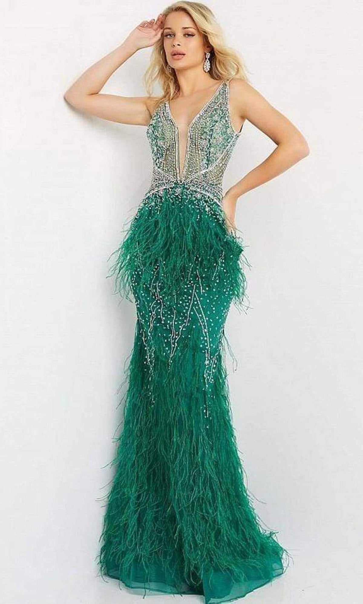 Jovani - 03023 Sheer Bodice Beaded Adorned Feather Fitted Evening Gown