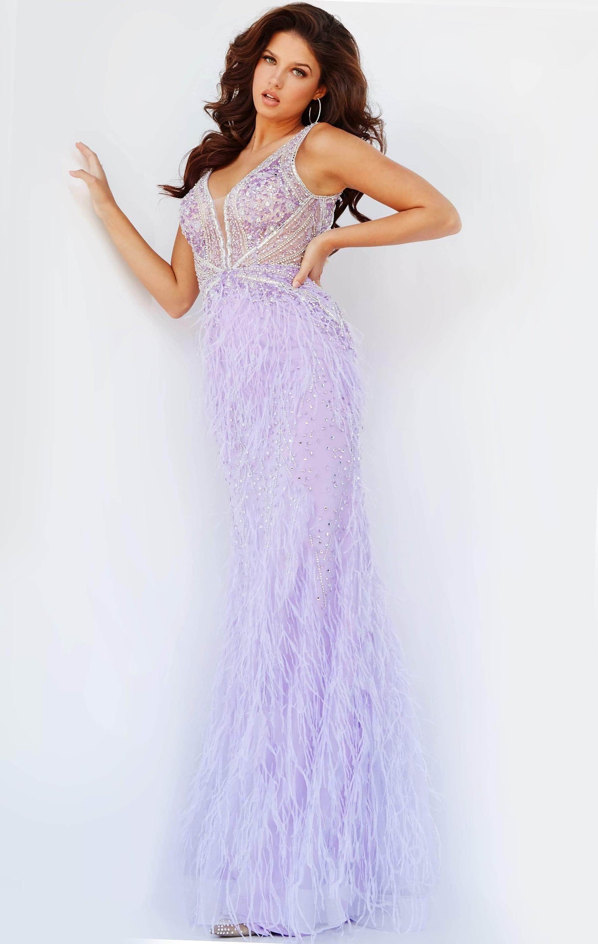 Jovani - 03023 Sheer Bodice Beaded Adorned Feather Fitted Evening Gown
