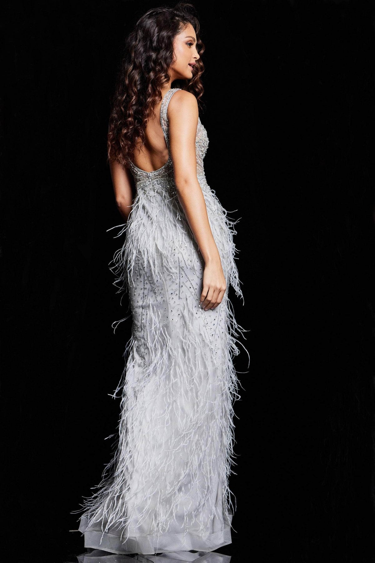 Jovani - 03023 Sheer Bodice Beaded Adorned Feather Fitted Evening Gown
