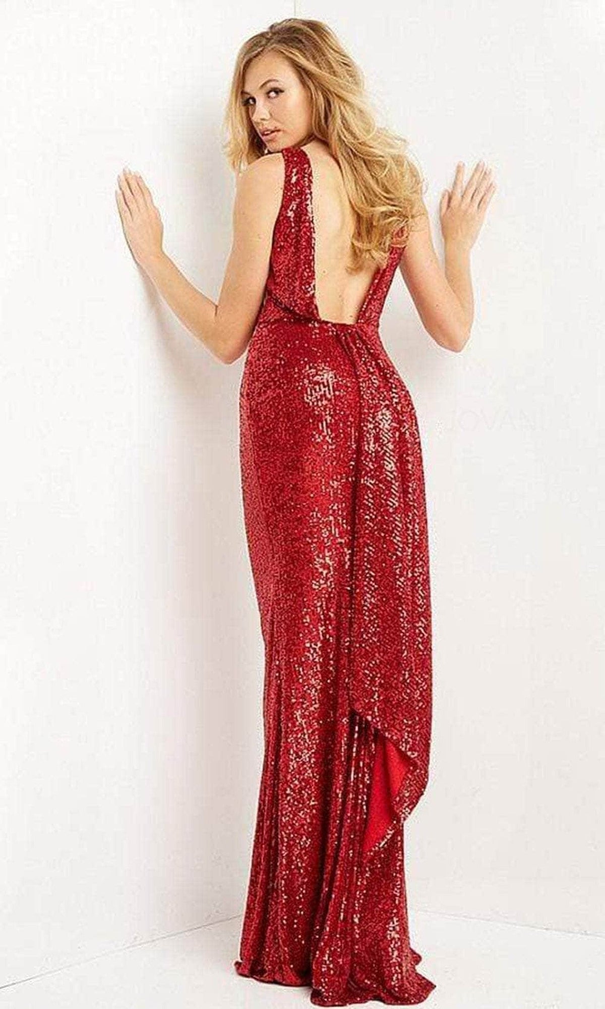 Jovani - 03854 Sequined Deep V Neck Sheath Dress