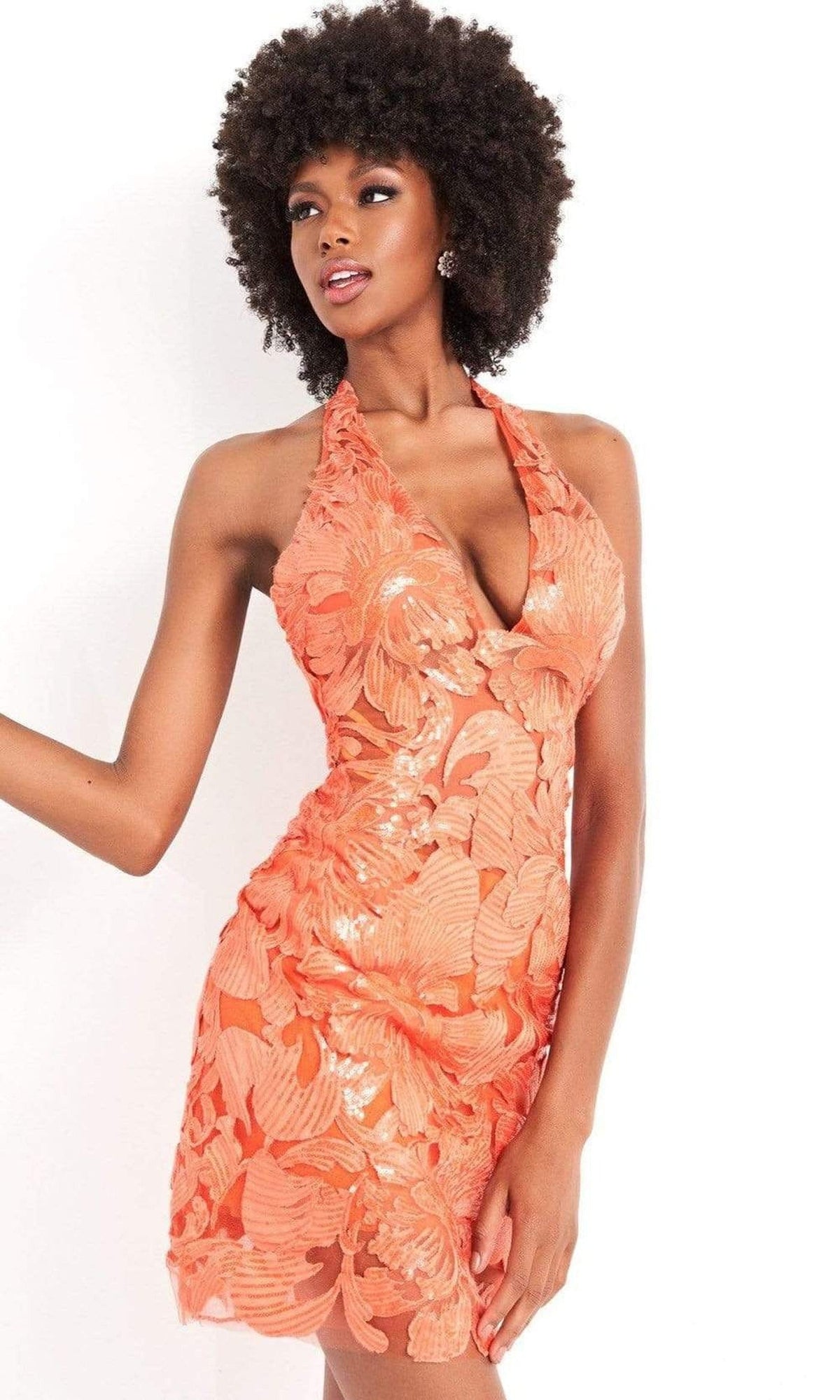Jovani - 04189 Plunging Halter Neck Sequin Fitted Cocktail Dress
