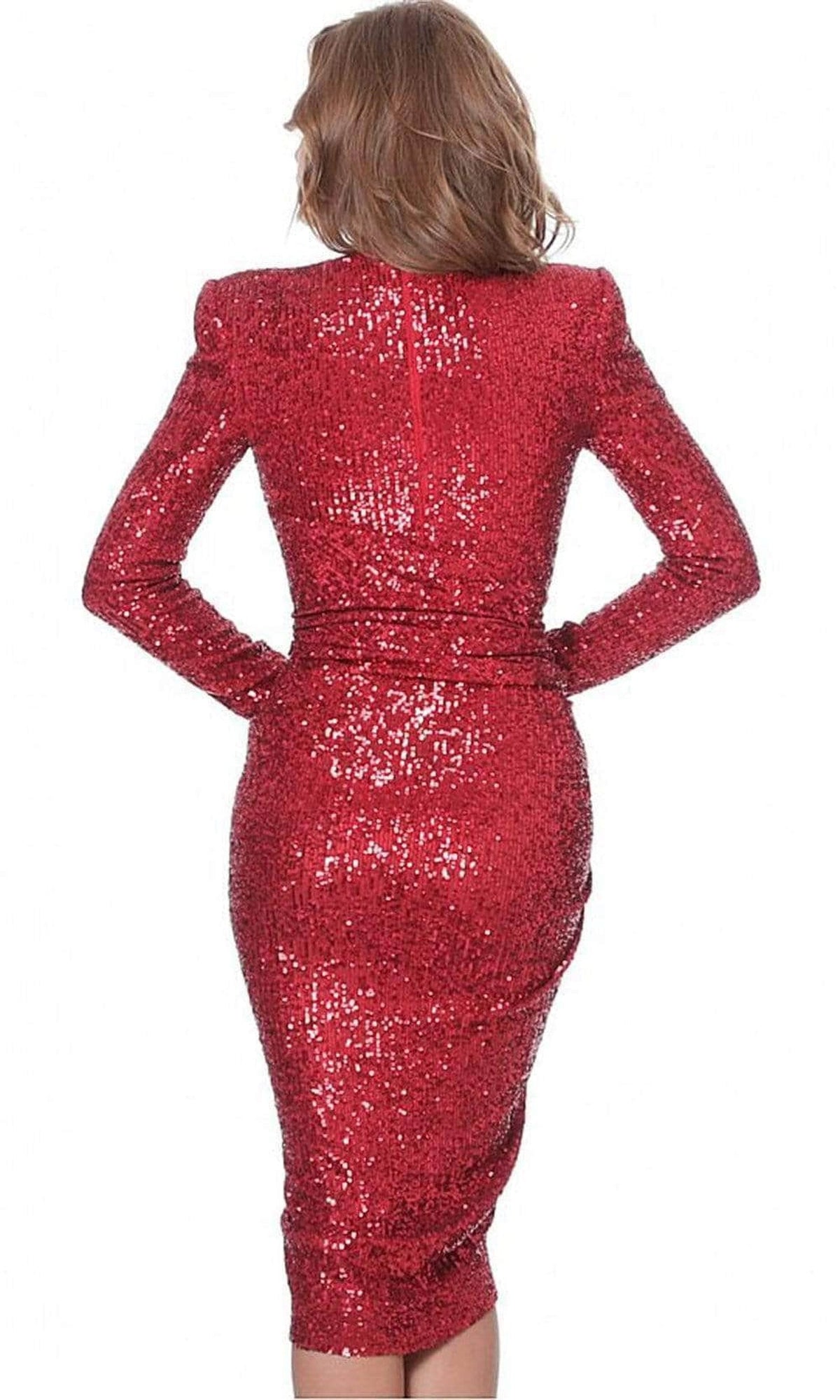 Jovani - 04257 Plunging V Neck Full Sequins Fitted Cocktail Dress