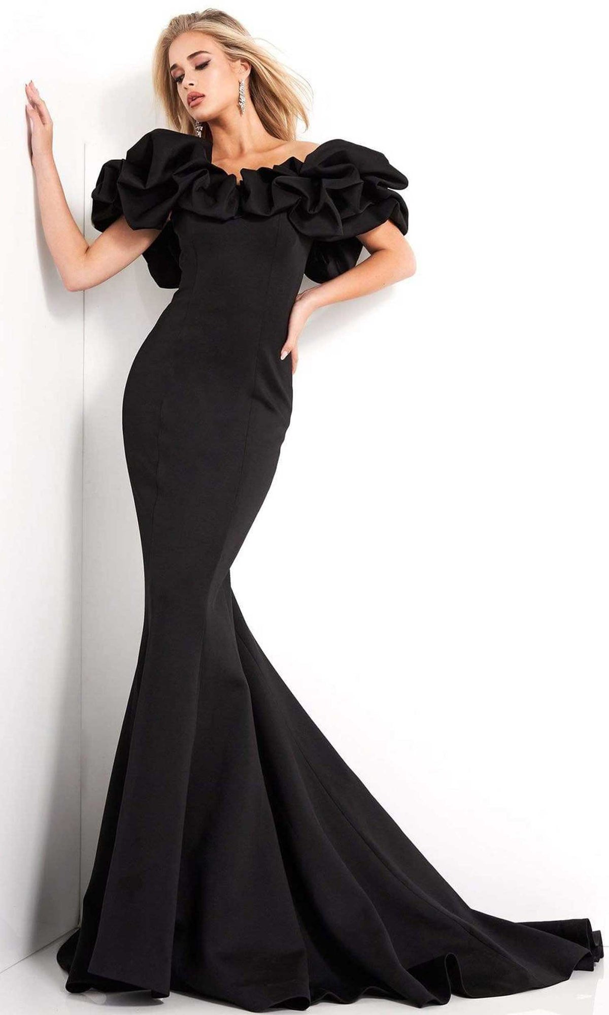 Jovani - 04368 Ruffled Off Shoulder Scuba Mermaid Evening Dress - Black - Main