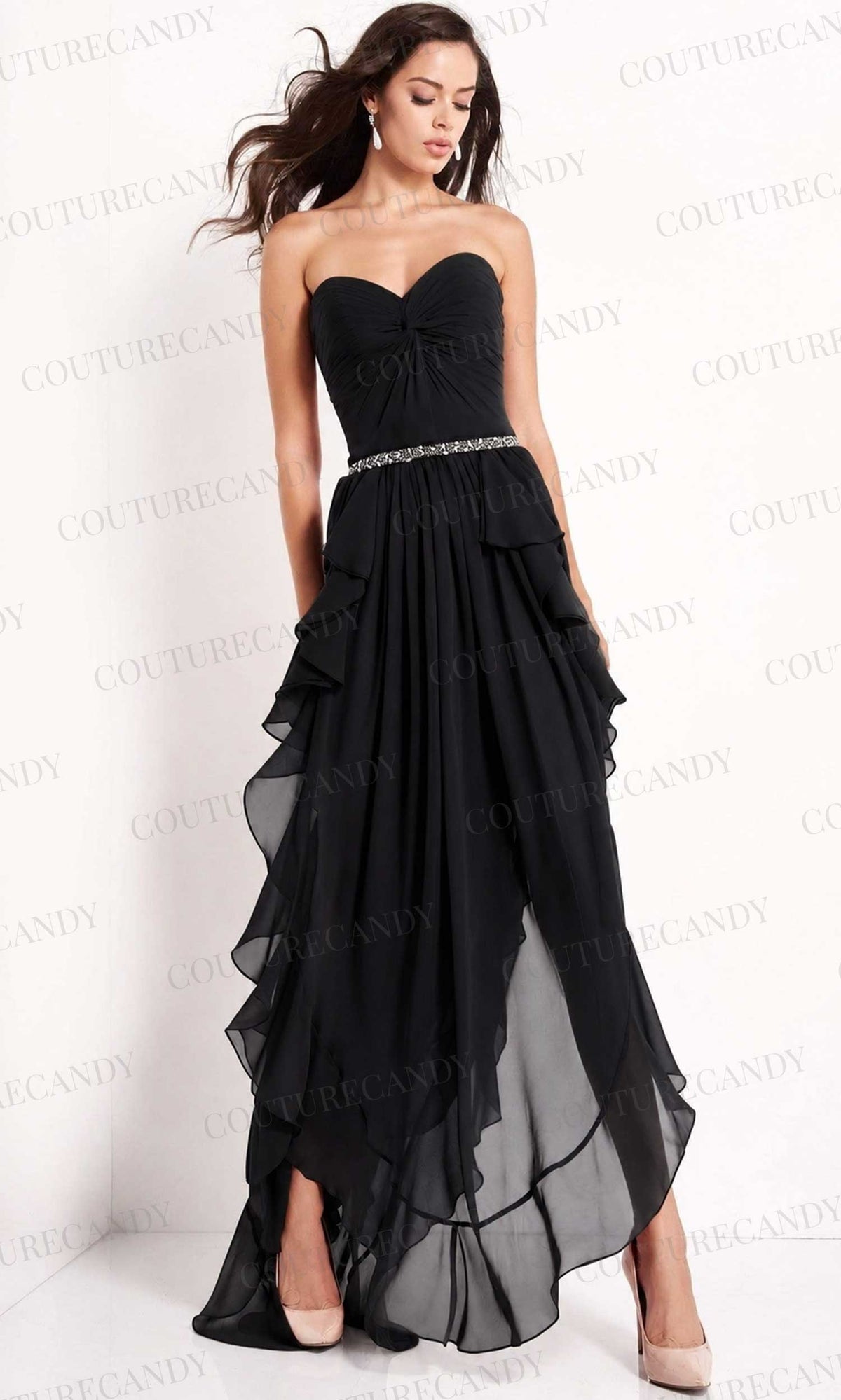 Jovani - 04874 Strapless Ruffle Hem High-Low Chiffon Dress - Orange - Main
