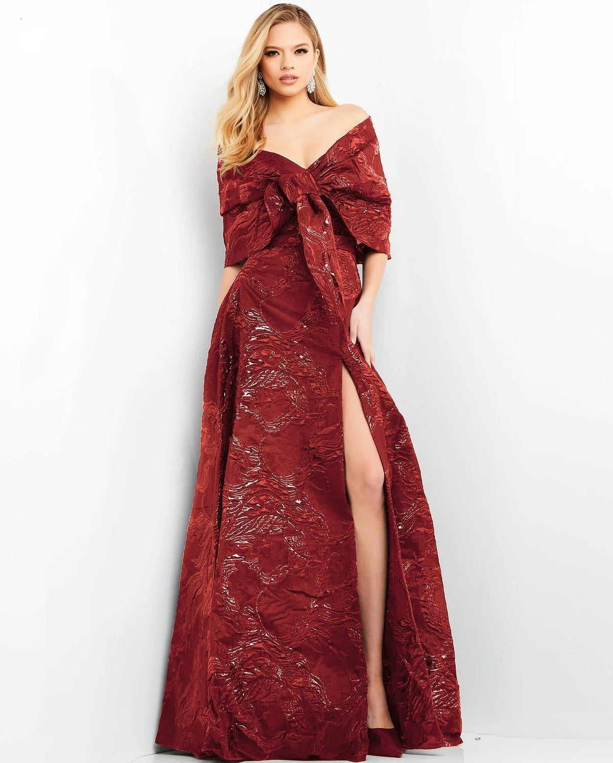 Jovani - 05019 Off Shoulder Jacquard High Slit Gown