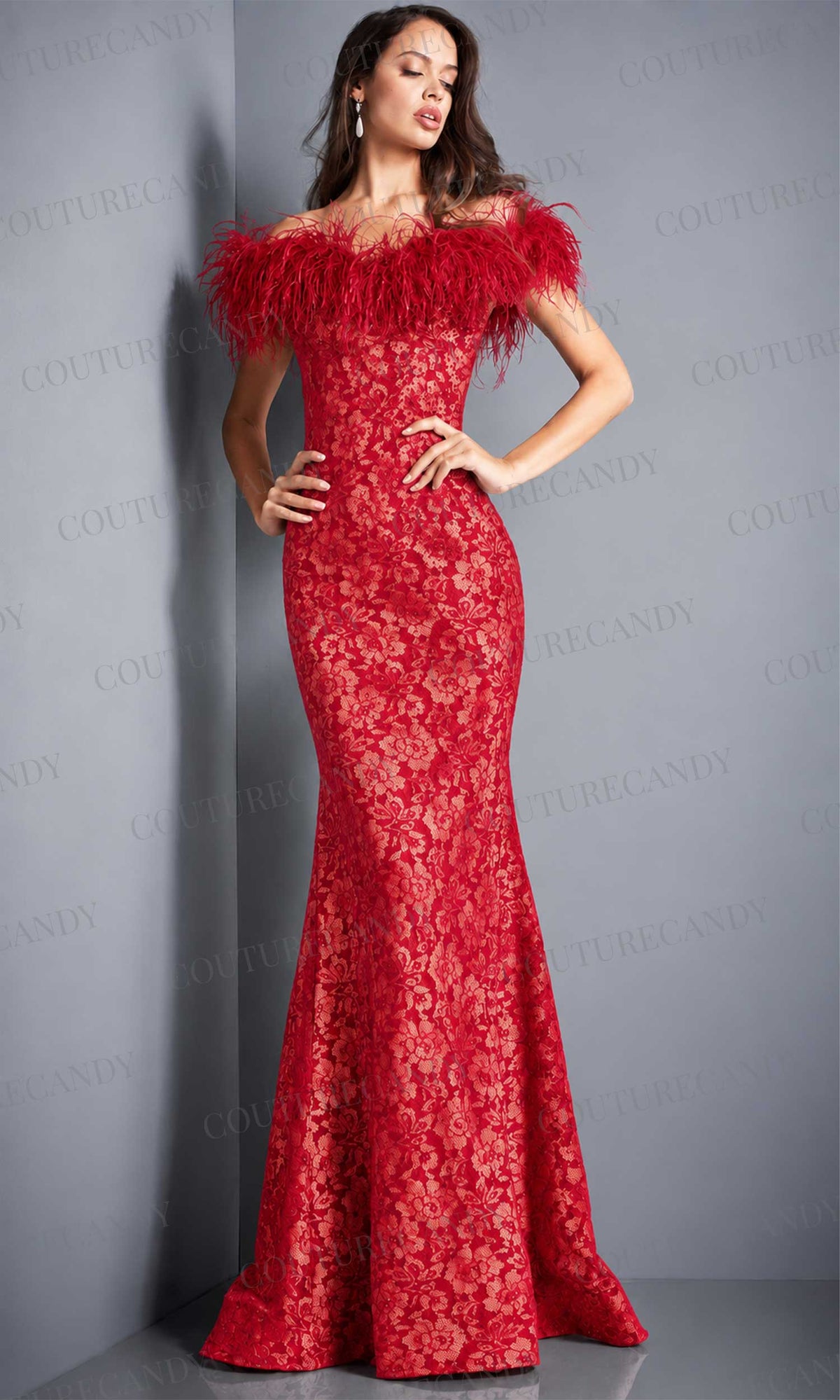 Jovani - 06451 Feather Off-Shoulder Allover Lace Mermaid Gown