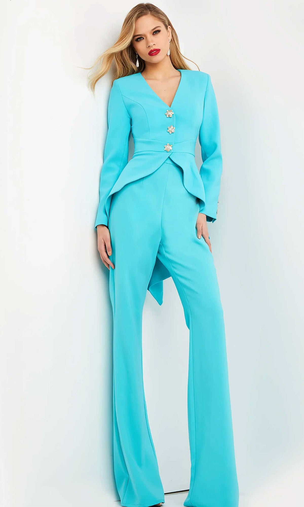 Jovani - 06479 Two Piece Racerback Pantsuit - Turquoise - Main