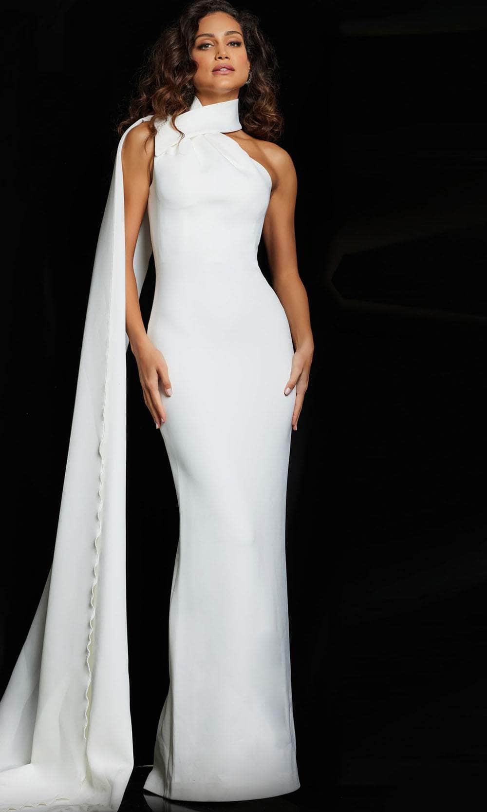 Jovani 09709 - Cascading Sash Sheath Evening Dress - White - Main