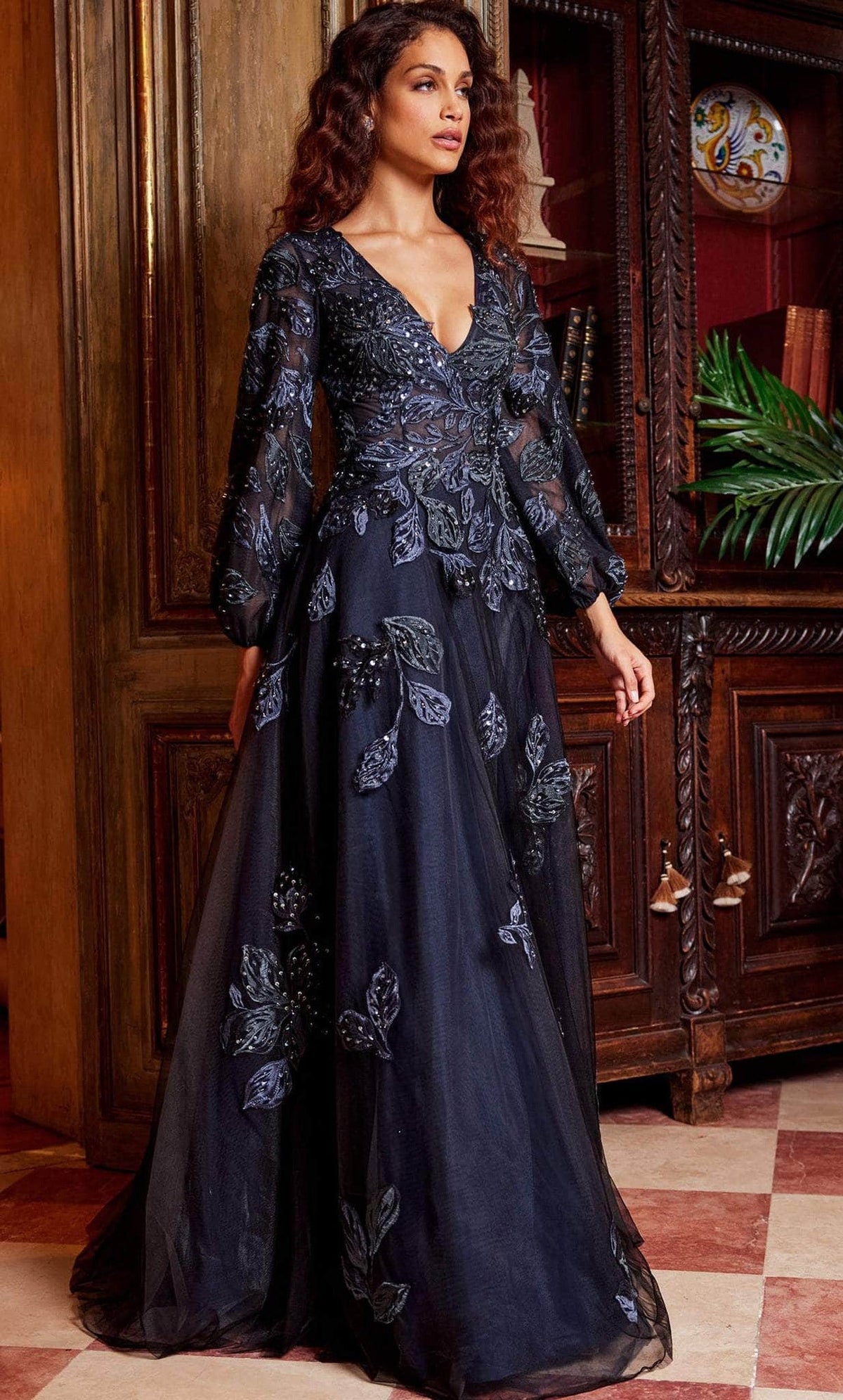 Jovani 09943 - Embroidered Deep V-Neck Evening Gown