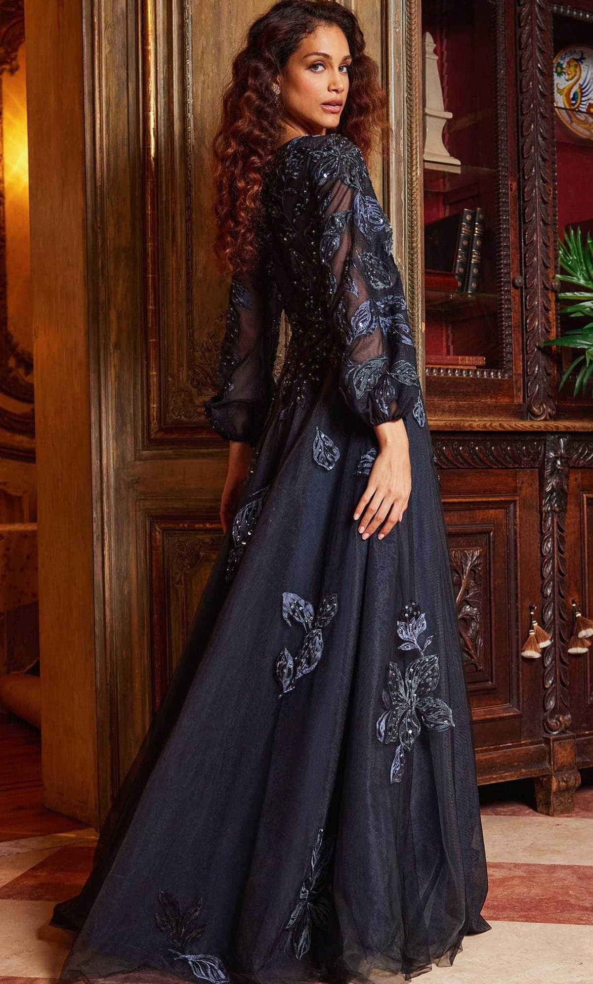 Jovani 09943 - Embroidered Deep V-Neck Evening Gown