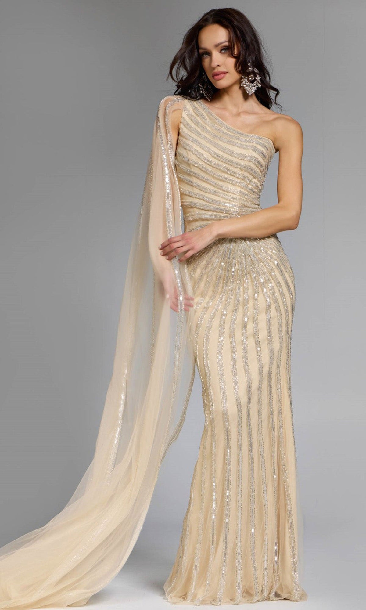 Jovani 23774 - Asymmetric Neck Sequin Sheath Gown