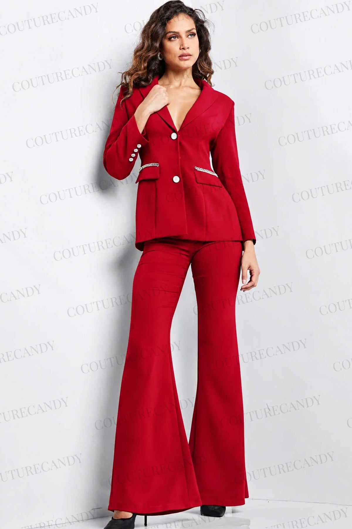 Jovani 26144 - Chain Detailed Long Sleeve Pantsuit